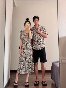 Summer Vacation Beach Flower Print Loose Fitting Dress Short Sleeve Tea Break Skirt Regenerated Cellulose Fiber Couples Outfit