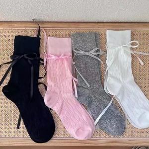 Ballet Style Lace-up Bow Socks Women Cotton Mid-calf Socks Thin Mesh Solid Color Socks