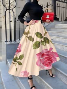Printed Design Printed Design Four Seasons Pink Rose Floral Print Skirt casual style womens half skirt