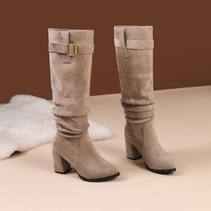 Slimming Effect Long Boots Womens 2025 New Autumn Winter Faux Suede Belted High Heel Short Riding Boots Thin Boot