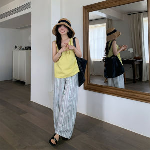 Comfortable Cotton Striped Printed Casual Pants Womens Loose Fit Straight Leg Summer Trousers Breathable Commute Style