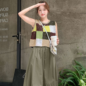 Shalldoer | Áo len dệt kim kẻ caro mùa hè cho nữ Quần dài thường ngày Bộ đồ hai mảnh Áo vest cổ tròn phong cách ngọt ngào