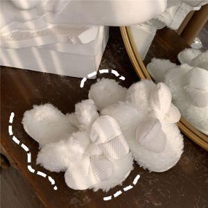 Winter Cotton Slippers Women Cute Full Coverage Plush Home Butterfly Knot Indoor Warmth Fur Slippers Comfortable Flat Heel