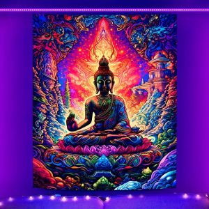 VIKAMA Blacklight Phật Tấm Thảm Neon Nhiều Màu Sắc Ảo Giác Thiền Thiết Kế Hoa Sen UV Tâm Linh Yoga Trang Trí Phòng Treo Tường Polyester
