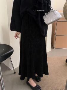 High Waist Skirt Womens Autumn Gold Velvet A- line Pleated Fishtail Skirt Sheath Long Skirt Winter Day Mid Length Long Length