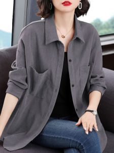 เสื้อคาร์ดิแกนทรงหลวมยาวปานกลางสำหรับผู้หญิงในฤดูใบไม้ร่วงและฤดูใบไม้ผลิ เสื้อเชิ้ตสีพื้นแบบสวมหัวสไตล์เกาหลีสำหรับคุณแม่วัยกลางคน