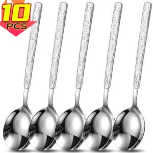 10Pcs Stainless Long Handle Steel Spoon Silver Ice Crackle Coffee Dessert Spoons Restaurant Tableware Soup Scoops Kitchen Spoon