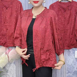 Fashionable Casual Loose UV Protection Seven Sleeve Shirt Korean Style Polyester Fabric round Neck Regular Length Outerwear for Middle-Aged Women