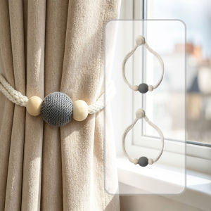 2pcs Magnetic Curtain Tiebacks with Wood & Cotton Ball Braided Holdbacks for Nordic Home Decor