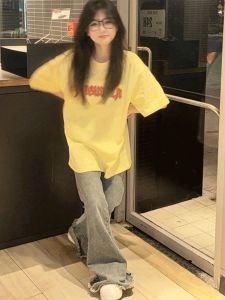 Summer Oversize Loose Trendy Yellow Letter Cotton Short Sleeve T-Shirt Womens Design Sense Niche Brand Korean Style Top
