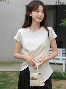 Hangzhou Silk Short Sleeve Shirt Womens 2024 Summer New Slimming High End Silk Asymmetrical Top Korean Style Commute