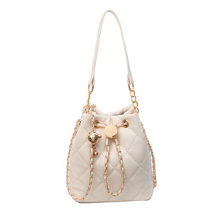Chic Chain Strap Bucket Bag Casual Soft Crossbody Bag Fashionable Geometric Pattern Drawstring Closure Small Size Womens Bag