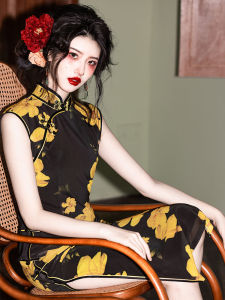 Retro Shanghai Cheongsam Womens New Chinese Style 2025 High End Slim Fit Autumn High Gloss Black Slimming Long Qipao Dress