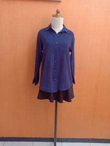 atasan kemeja wanita biru tua navy M cewek L lengan panjang kerja kuliah