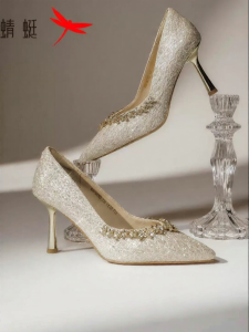 Reddragonfly | Champagne Colored Wedding High Heel Shoes With Rhinestone Decorations For Qi Pao Wear