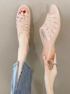 Anti-Slip Soft Crystal Slippers Womens Plastic Mid-Heel Outdoor Sandals Bathroom Home Shoes Breathable Comfortable Footwear