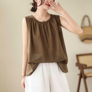 Lightweight Casual Cotton Linen Tank Top Button Back round Neck Short Sleeve Overhead Small Shirt Loose Fit Summer Fashion