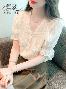 Chic French Style Lace Short Sleeve Snowflake Shirt for Women Summer Casual V-Neck Pullover with Ruffles and Patches