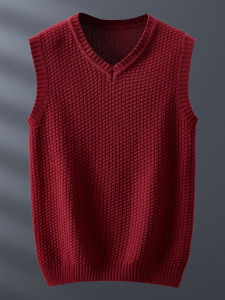 เสื้อกั๊กถักนิตติ้งคอวีแขนกุดผู้ชายฤดูหนาว เสื้อคลุมกันหนาวแบบเข้ารูป ทรงหลวม ไม่มีแขน ผ้าฝ้าย 100% ระบายอากาศได้ดี สไตล์ยุโรป