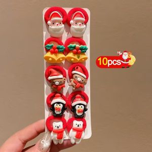 10Pcs/Set Kids Girls Christmas Hair Ties Cute Santa Claus & Reindeer Design Festive Hair Accessories Holiday Parties Decorations