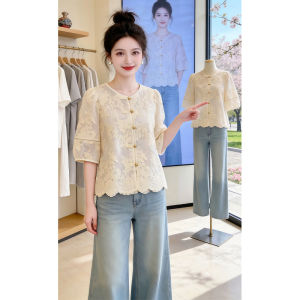 Shalldoer | Traditional Chinese Inspired Short Sleeve Embroidered Lace Shirt Thin
