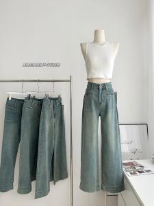 Light Wash Retro Hong Kong Style High เอว ขาตรง กางเกงยีนส์ ผู้หญิง หลวม ขากว้าง กางเกง ฤดูใบไม้ร่วง สินค้าใหม่ Anti-Wrinkle