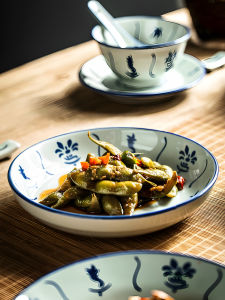 Retro Blue Porcelain Dish 7 Inch Deep Dish Soup Plate Beautiful round Dinner Plate Ceramic Cooking Utensils Home Use Dish