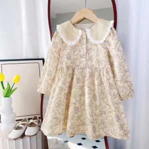 Girls Autumn Fashion Clothing Flower Print Long Sleeve Turn-down Collar Princess Dress 1 Pc 3-7 Years Kids Casual Clothes