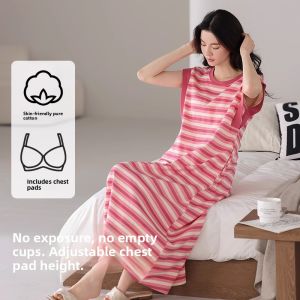 Miiow | Pure Cotton Womens Summer Sleepwear Vest Style Home Clothes With Chest Pad Korean Style Casual Long Skirt Nightgown