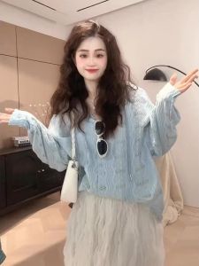 WANGGONGZHU | Ladies Summer Thin Long Sleeve Hook Flower Sun Protection Open Cardigan Princess Style Loose Fit Regular Length UV Protection