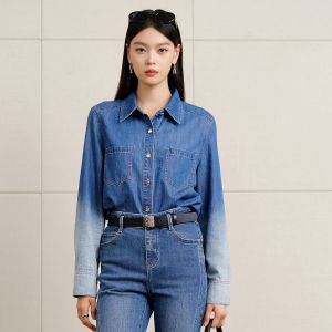 Batina Tie Dye Gradient Rhinestone Denim Shirt Summer New Style Casual Straight Leg Cotton Blend Long Sleeve Womens Top