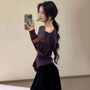 CHOEFULYN | Áo Sweater Knit Tím Dài Tay Trễ Vai Giảm Cân & Thời Trang