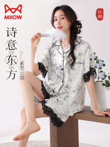 MiiOW Cat Lady Summer Ice Silk Sleepwear Short Sleeve Home Clothes Set Luxury Floral Print Lightweight Comfortable Womens Pajamas
