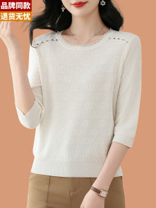 Thin Short Sleeve Ice Silk Knitted T-Shirt Womens New 2025 Lace Embellished Loose Fit Korean Style Silk Blend Spring Top