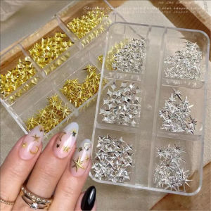 Dorisna 6Girds 3D Metal Stars Nail Rivet Studs Decoration Gold Silver Starlight Jewelry Nail Charms Punk Alloy Nail Art Accessories