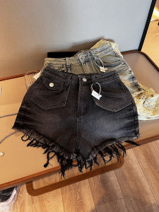 Quần Short Denim Cạp Cao Mùa Hè 2024 Cho Nữ Quần Short Rách Màu Đen Đa Năng Thời Trang Hợp Thời Trang Cỡ Nhỏ