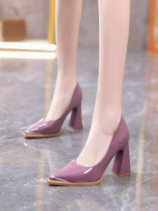 Korean Style Sharp Head Thick Heel High Heels Womens New Fashion Black Patent Leather Low Cut Single Shoes Slip-On Shoes