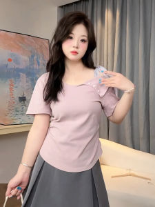 plus Size Womens T-Shirt Summer New Style Short Sleeve Butterfly Knot Belly Covering Slimming Irregular Womens Top