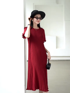 5323 Soft Breathable Fabric Summer A-Line Dress Pleated Short Sleeve Miyake Slim One Size (45-75kg)