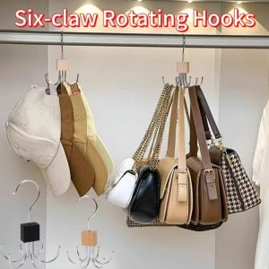 1-5pcs Rotating Storage Hanger Hook Multi-Claw Bag Metal Belts Rack Wooden Organizer For Bras Ties Scarves Household Closet