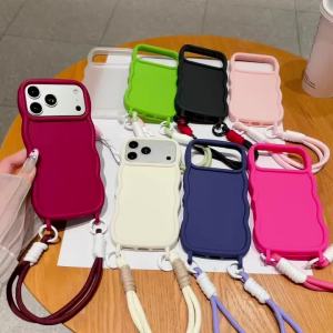 Wavy Soft Silicone Lanyard Phone Case for iPhone 16 17 18 Pro Max 17Pro 15 14 13 Solid Color Matte Back Cover with Wrist Strap