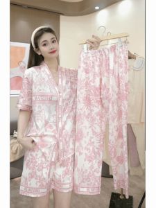 Womens Ice Silk Sleepwear Short Sleeve Three Piece Set Luxury Home Clothes Pink Floral Print Comfortable Lightweight Summer Pj