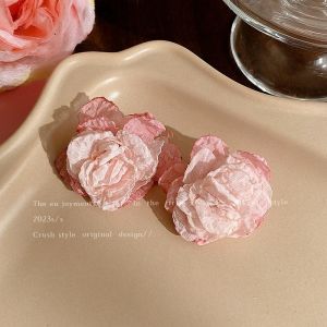 French Romantic Gradient Pink Chiffon Flower Earrings Womens Unique Design Tea Olive Flower Ear Studs Holiday Ear Jewelry