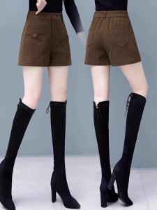 กางเกงขาสั้นผ้ายืดคอร์ดูรอยเอวสูงไซส์ใหญ่สำหรับผู้หญิง กางเกงขายาวลำลองฤดูใบไม้ร่วง/ฤดูหนาว กางเกงขายาวลำลองเอวสูงทรงเอ