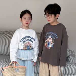 Korean Style Kids Base Shirt Spring 2025 Cartoon Letter Print round Neck Loose Top for Boys And Girls Cotton Long Sleeve