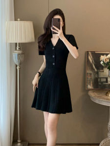 French Elegant V-neck Knitted Dress Womens Mini A-line Skirt Hepburn Style Little Black Dress High Waist Summer Fashion