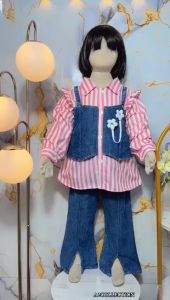 (FREE BANDO KARAKTER) Stelan Baju Anak Perempuan Import Korean Mevisa Katun Salur Mix Rompi Jeans Bunga Tali Usia 3 - 10 Tahun One set Celana Kulot Sablon Labubu Bahan Jeans Mix Brokat Import Set Anak Tanggung Kekinian Termurah - Cod - Wavi Baby Kids