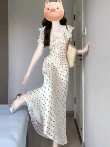 CHANGTONG | Dotted Elegant Dress Waist Shaping Long
