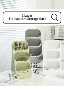 [Ready Stock] [3 Layer Transparent Storage Rack] High Quality Multipurpose Drainable Storage Box Storage Shelf Chopstick Spoon Fork Cutlery Lipstick Foundation Cosmetic Notebook Pencil Scissors Stationery Kitchen Bathroom Bedroom Living Room Study Room