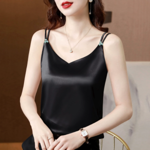 Áo 2 dây lụa cổ tim đính ngọc trai cao cấp mặc trong áo blazer chất vải mịn mát - Vannhshop AO0039
